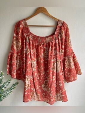 1X Chaps Cotton Boho Bell Sleeved Square Smock Neck Pleated Floral Flowy Top